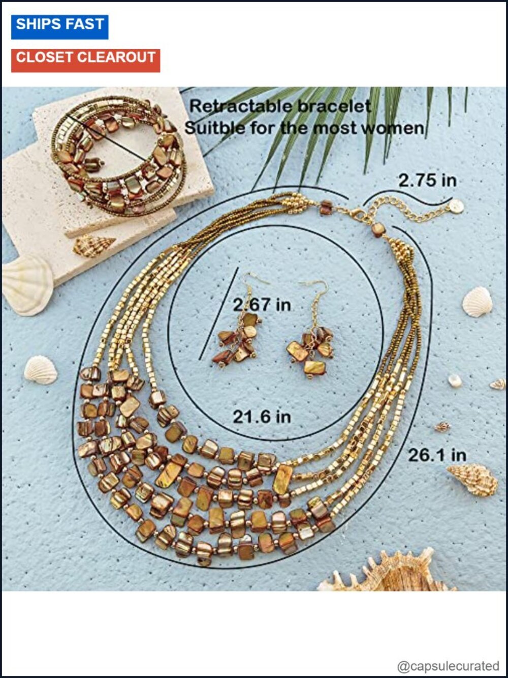 Bohemian Layered Shell Beaded Necklace Earrings Bracelet Set - Picture 4 of 6